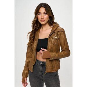 Coalition LA Camel Bomber Jacket Hoodie Double Zip Vegan Leather Sz Large NWT